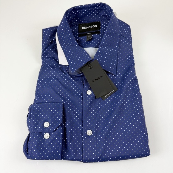 Bonobos Tech Button Down Mens Large Reg Slim Fit Blue Polka Dot Long Sleeve NWT
